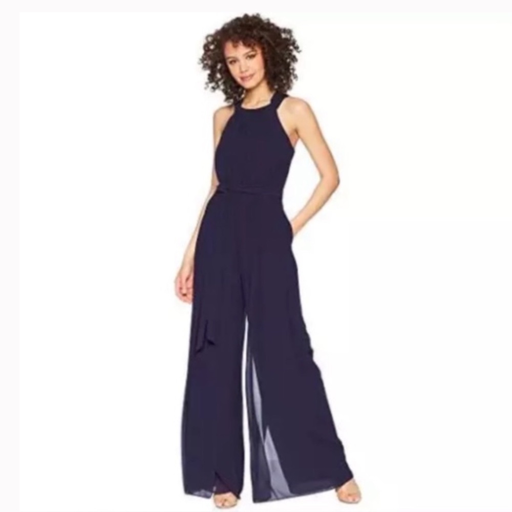 VINCE CAMUTO Navy Blue Halter Chiffon Wide Leg Pants Cut-Out Jumpsuit